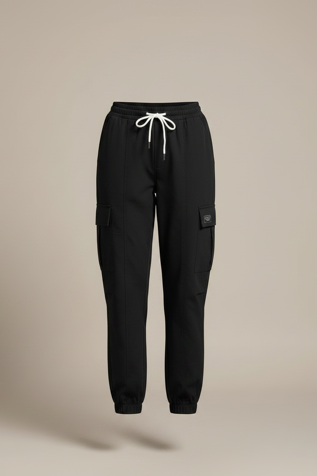 Pantalon Noir Cargo Cordon Femme Décontracté Cheville - Polyester - vue 3