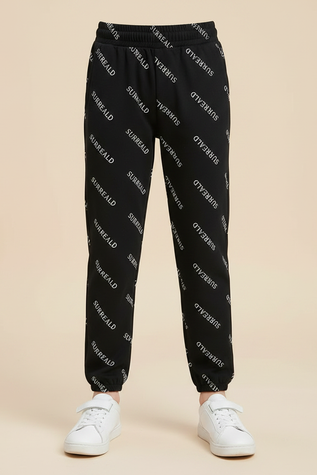 Pantalon Noir Imprimé Lettres Garçon Jogger Décontracté - Molleton - vue 3