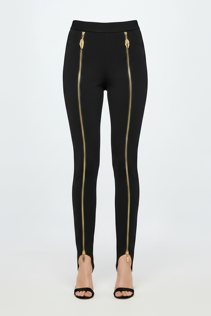 Pantalon Noir Moulant Fermetures Éclair Dorées Élégant - Polyester - vue 3