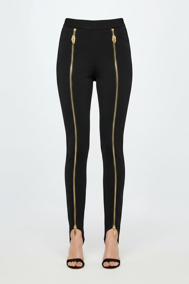 Pantalon Noir Moulant Fermetures Éclair Dorées Élégant - Polyester - vue 3