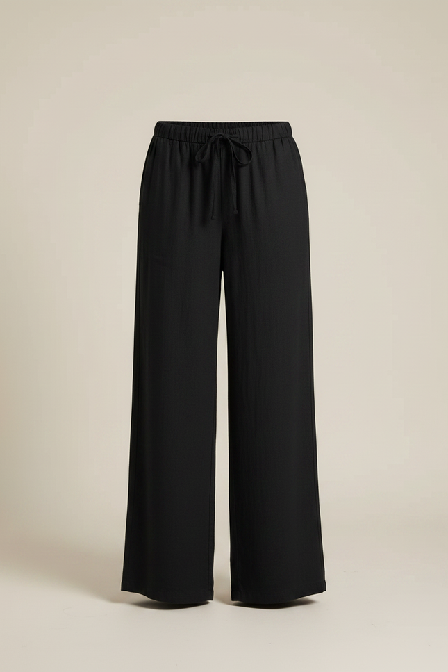 Pantalon Noir Ample Fluide Cordon Décontracté Femme - Lin - vue 3