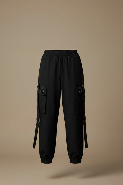 Pantalon Noir Cargo Femme Ample Streetwear Décontracté - Polyester - vue 3