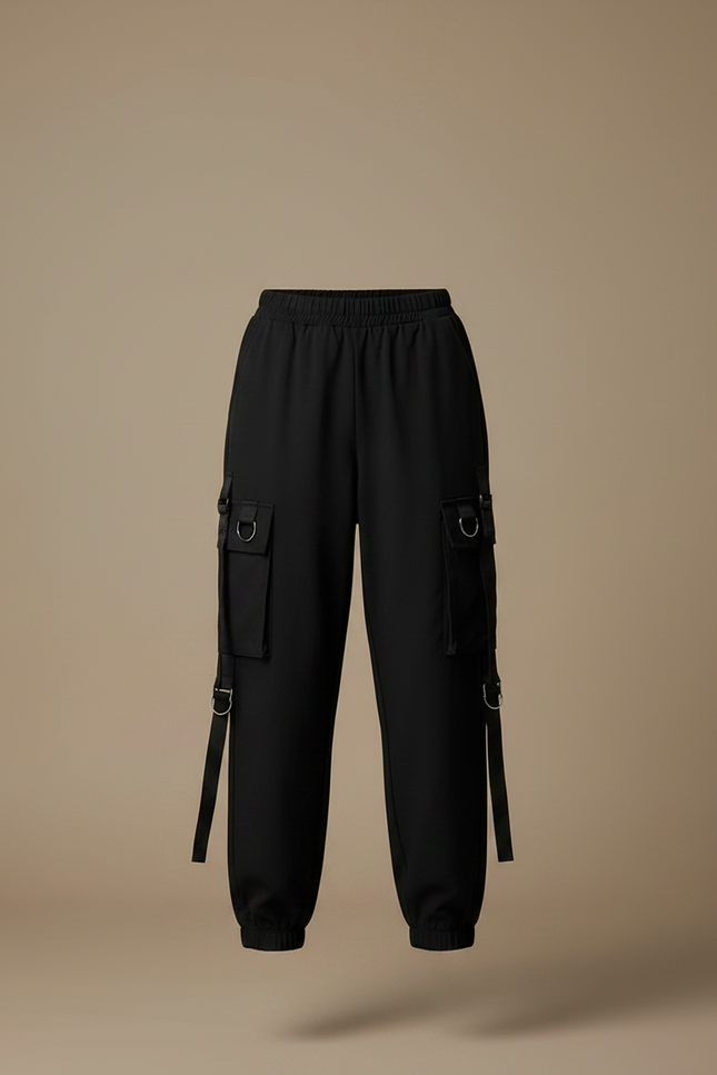 Pantalon Noir Cargo Femme Ample Streetwear Décontracté - Polyester - vue 3