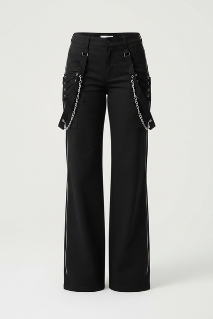 Pantalon Noir Cargo Chaînes Gothique Ample Femme - Gabardine - vue 3