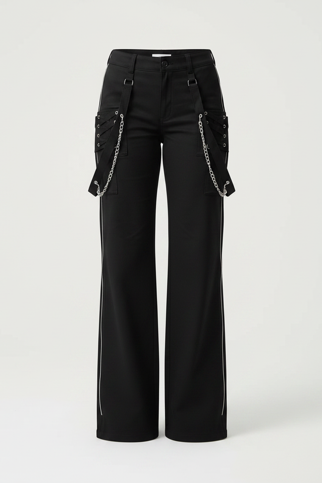 Pantalon Noir Cargo Chaînes Gothique Ample Femme - Gabardine - vue 3