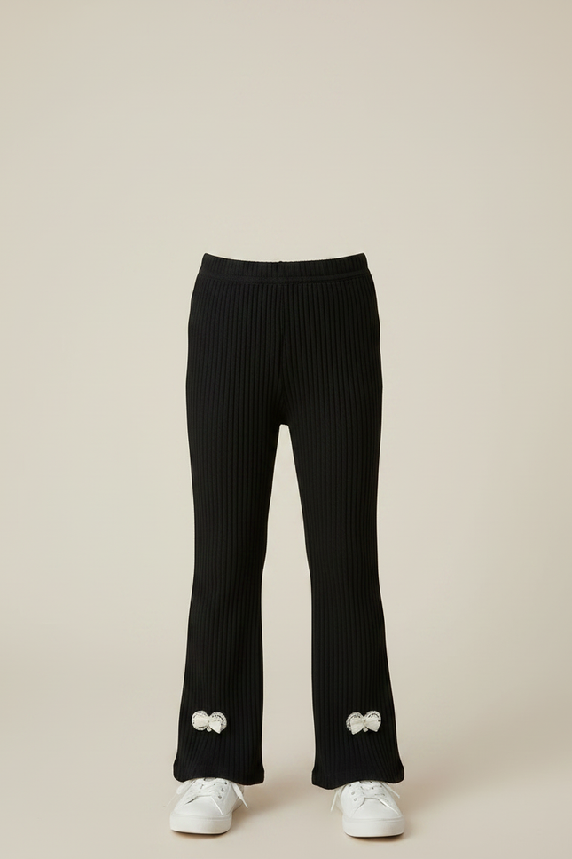 Pantalon Noir Côtelé Évasé Bowknot Confortable Enfant - Maille - vue 3