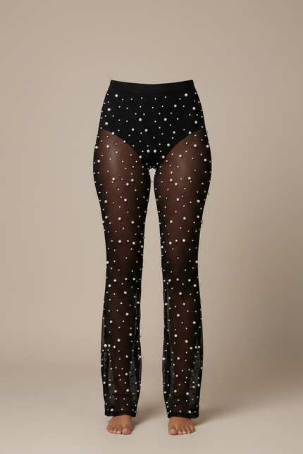 Pantalon Noir Transparent Perles Évasé Élégant Femme - Maille - vue 2