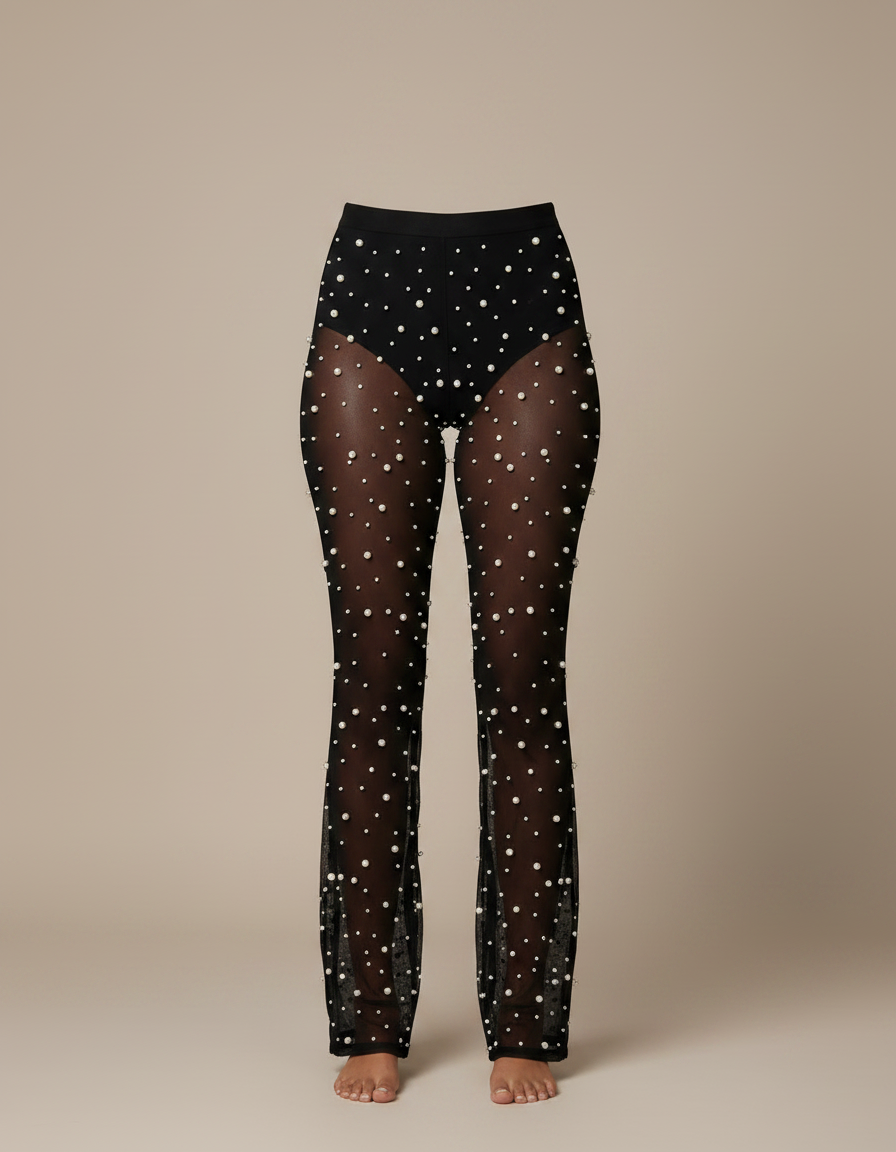 Pantalon Noir Transparent Perles Évasé Élégant Femme - Maille - vue 2