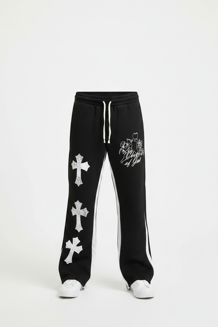 Pantalon Noir Évasé Imprimé Croix Streetwear Décontracté - Molleton - vue 3