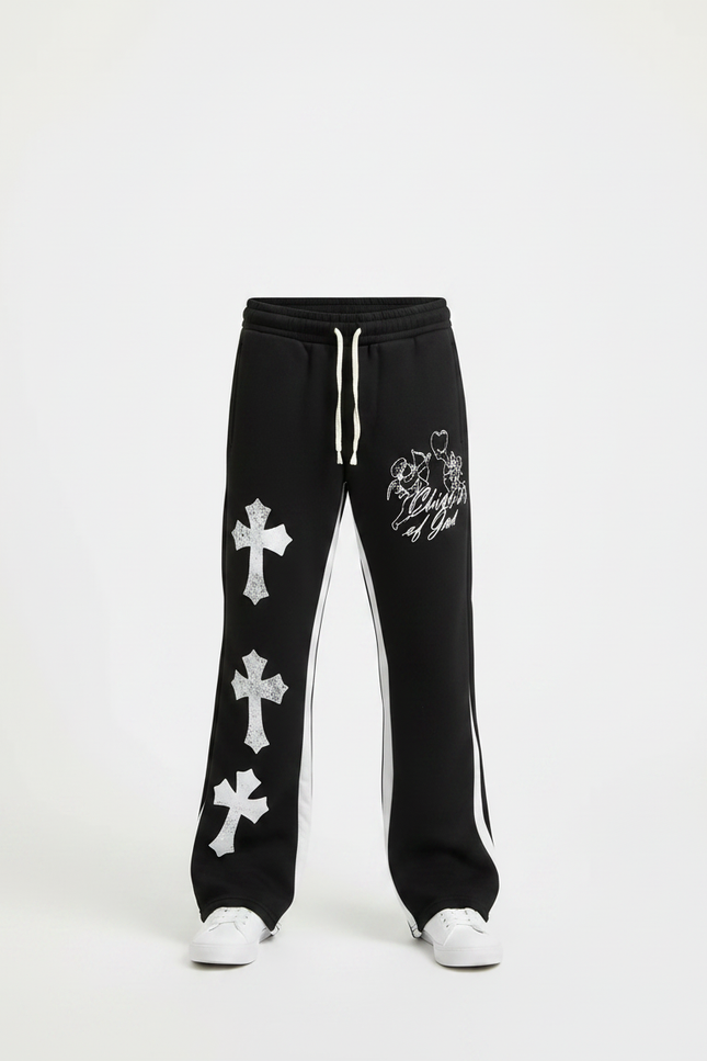 Pantalon Noir Évasé Imprimé Croix Streetwear Décontracté - Molleton - vue 3