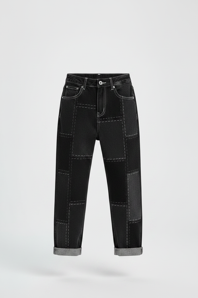 Pantalon Noir Patchwork Ample Garçon Décontracté Denim - Jean - vue 3