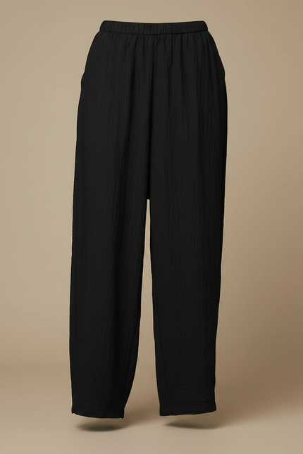 Pantalon Noir Ample Fluide Décontracté Plissé Femme - Lin - vue 3