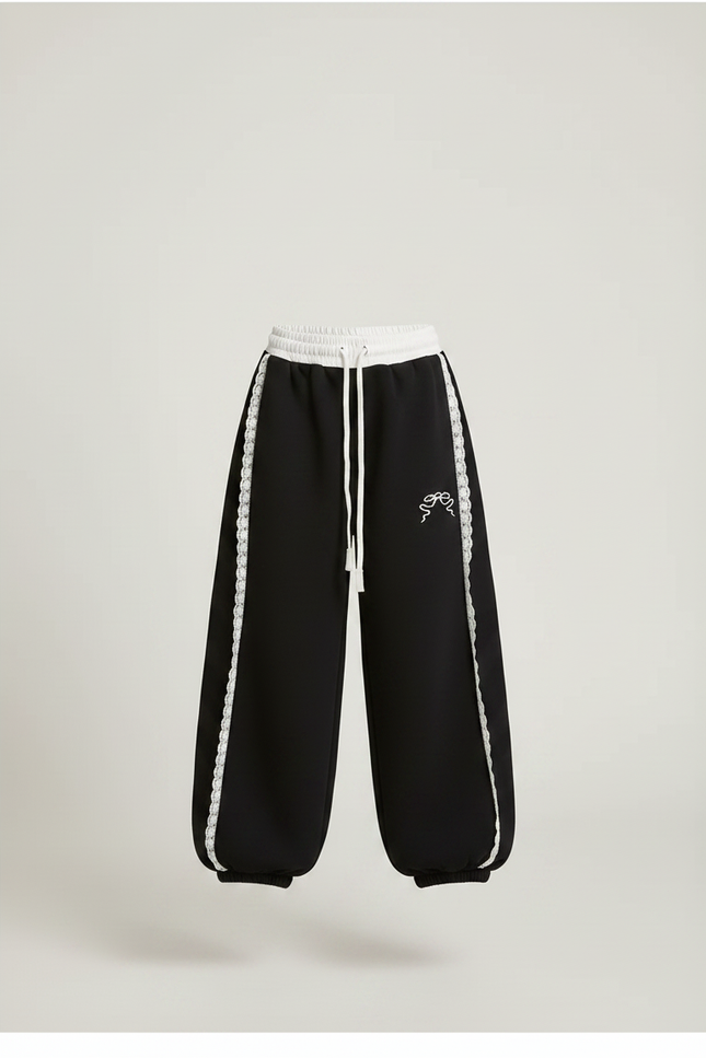 Pantalon Noir Ample Dentelle Blanche Décontracté Fille - Molleton - vue 3