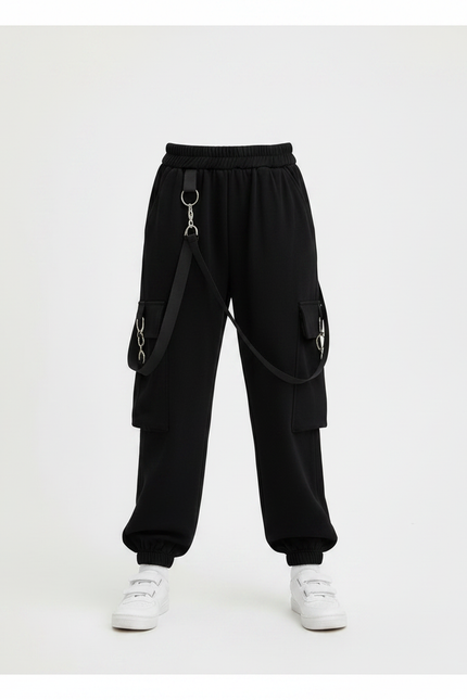 Pantalon Noir Cargo Ample Streetwear Fille Décontracté - Molleton - vue 3