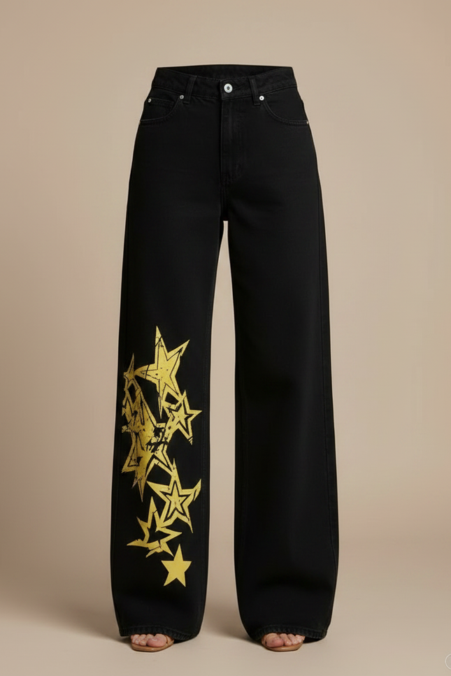 Pantalon Noir Ample Étoiles Imprimées Streetwear Femme - Jean - vue 3