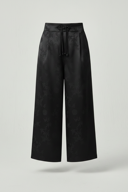 Pantalon Noir Satiné Jacquard Ample Brodé Élégant - vue 3