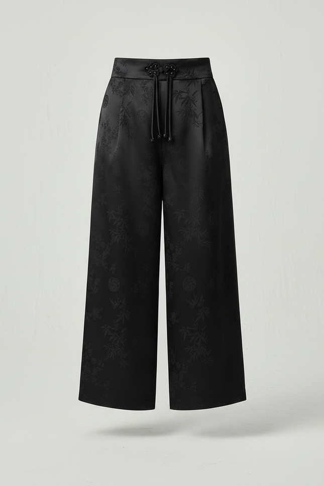 Pantalon Noir Satiné Jacquard Ample Brodé Élégant - vue 3