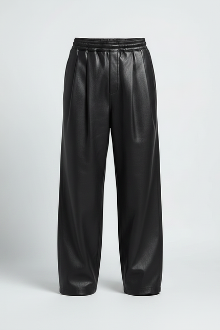 Pantalon Noir Cuir Ample Plissé Streetwear Homme - vue 3