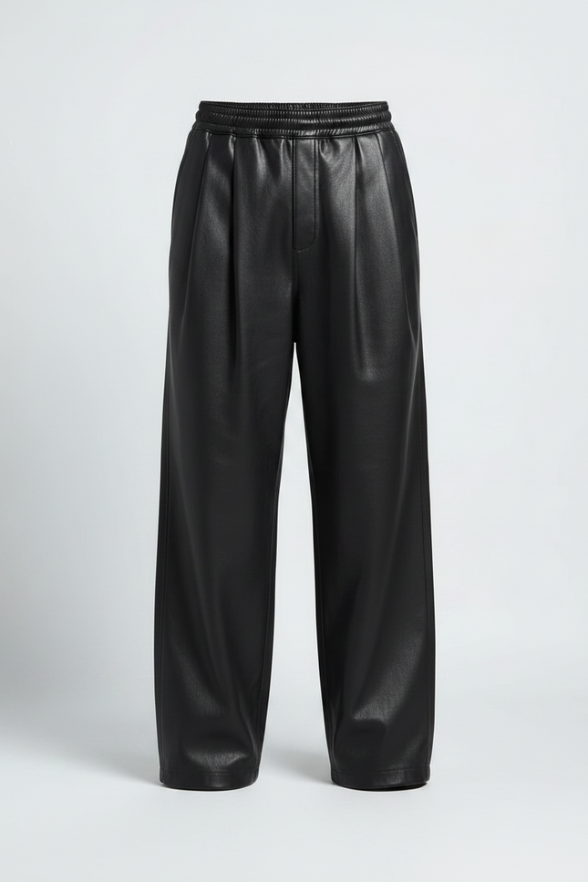 Pantalon Noir Cuir Ample Plissé Streetwear Homme - vue 3