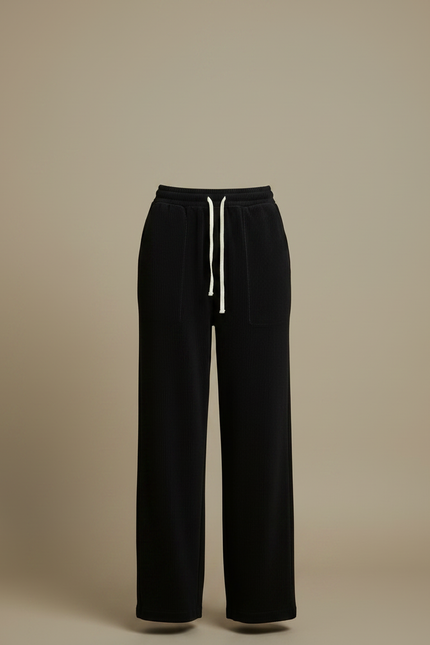 Pantalon Noir Côtelé Ample Taille Élastique Cordon Décontracté - Cordé - vue 3
