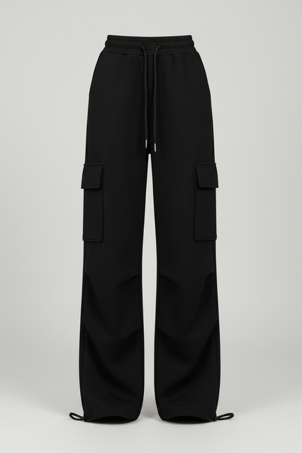 Pantalon Noir Cargo Ample Cordon Streetwear Décontracté - Molleton - vue 3