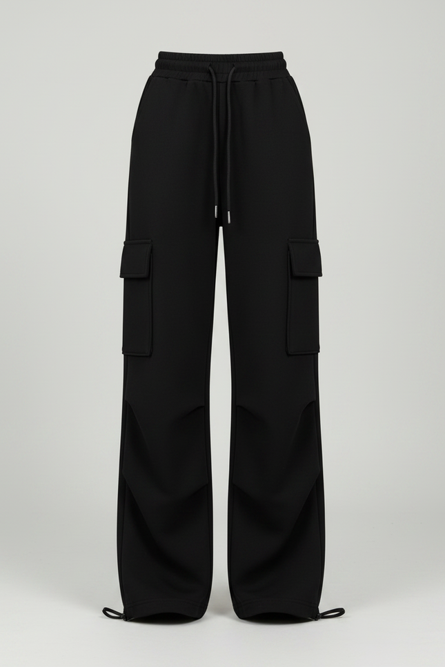 Pantalon Noir Cargo Ample Cordon Streetwear Décontracté - Molleton - vue 3