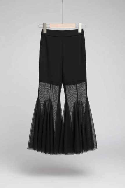 Pantalon Noir Évasé Tulle Transparent Femme Élégant - Polyester