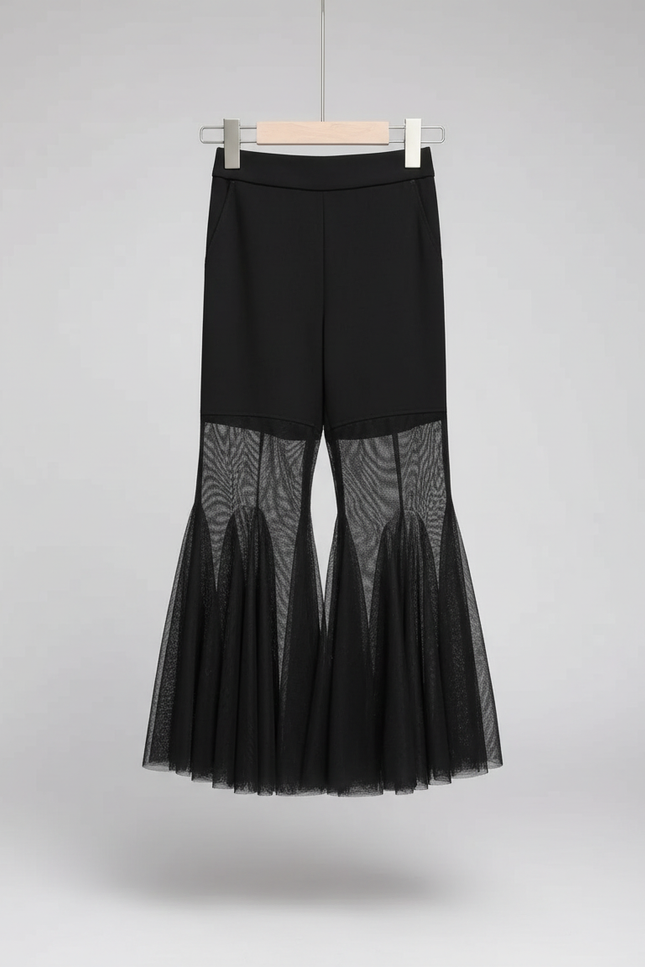 Pantalon Noir Évasé Tulle Transparent Femme Élégant - Polyester