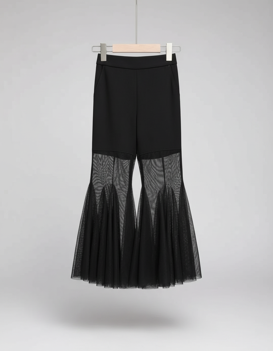 Pantalon Noir Évasé Tulle Transparent Femme Élégant - Polyester