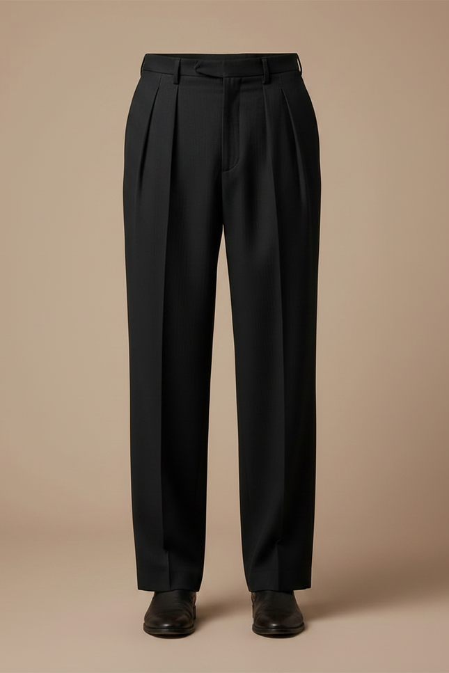 Pantalon Noir Plissé Ample Homme Élégant Droit Décontracté - Gabardine - vue 3