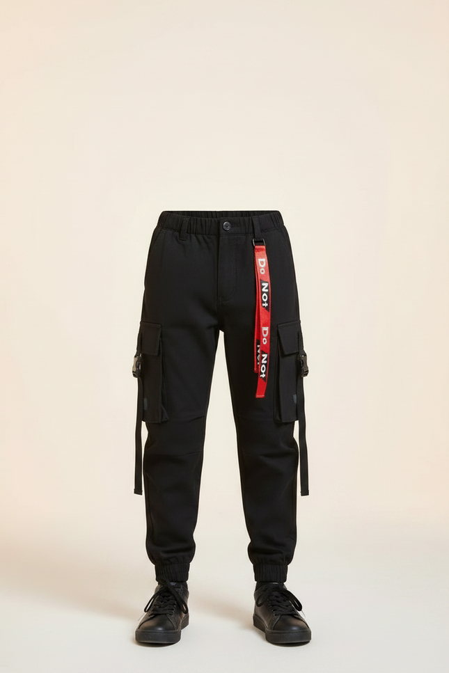 Pantalon Noir Cargo Garçon Ceinture Rouge Streetwear - Toile - vue 3