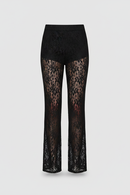 Pantalon Noir Dentelle Transparent Évasé Taille Haute Sexy - Polyester
