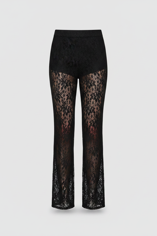Pantalon Noir Dentelle Transparent Évasé Taille Haute Sexy - Polyester