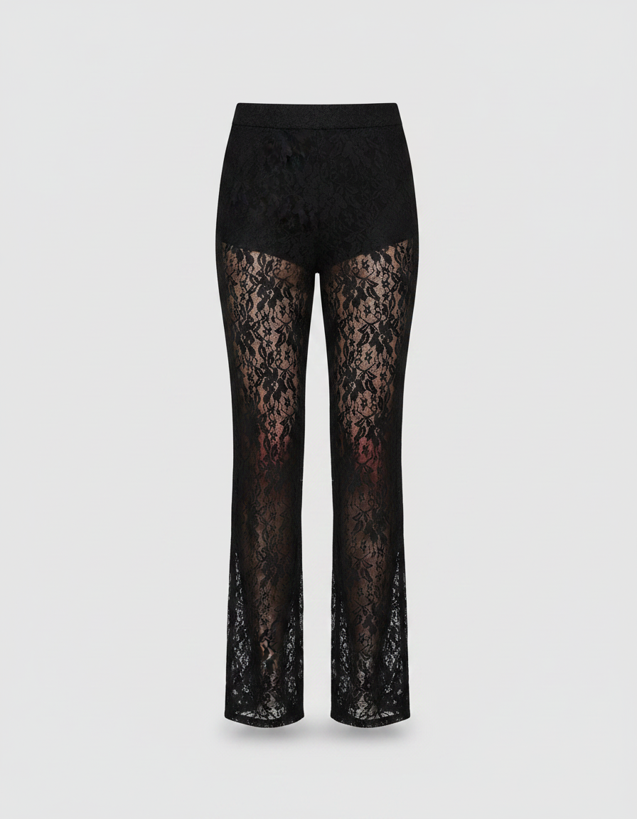 Pantalon Noir Dentelle Transparent Évasé Taille Haute Sexy - Polyester