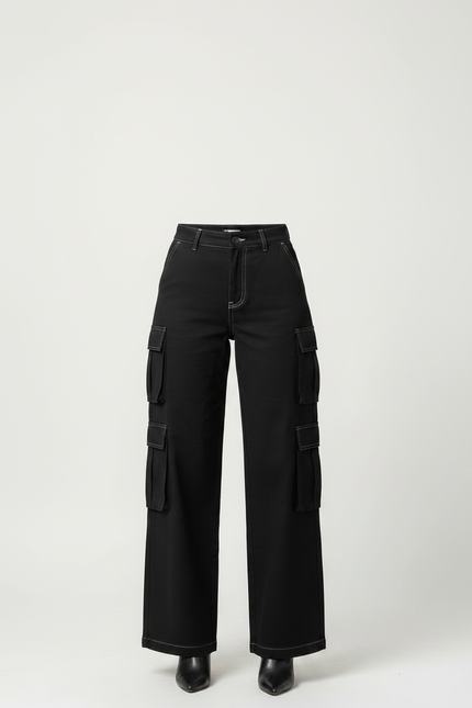 Pantalon Noir Couture Blanche Femme - Toile - vue 3
