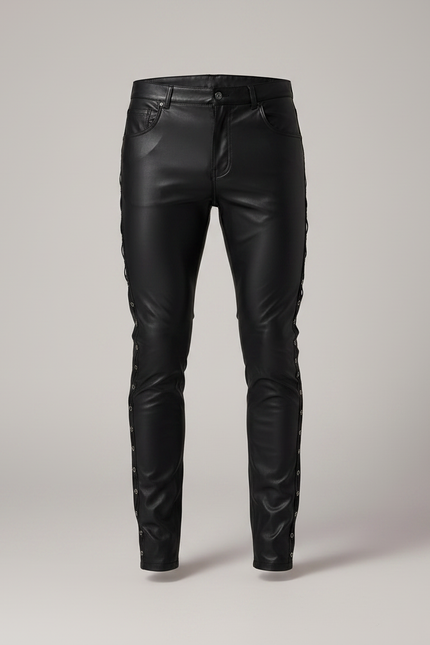 Pantalon Noir Cuir Lacets Homme Slim - vue 3