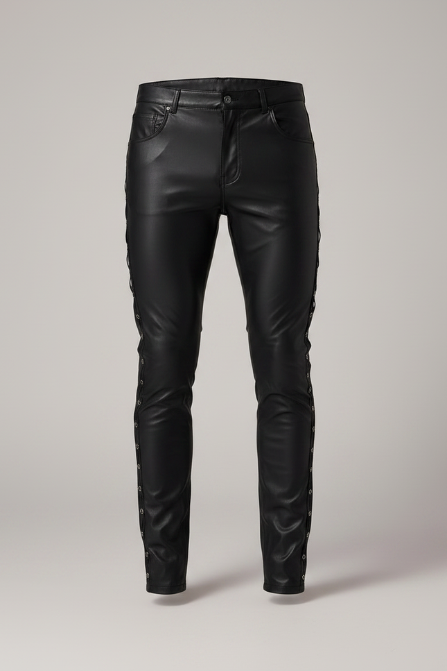 Pantalon Noir Cuir Lacets Homme Slim - vue 3