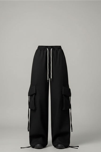 Pantalon Noir Cargo Ample Streetwear Décontracté - Toile - vue 3