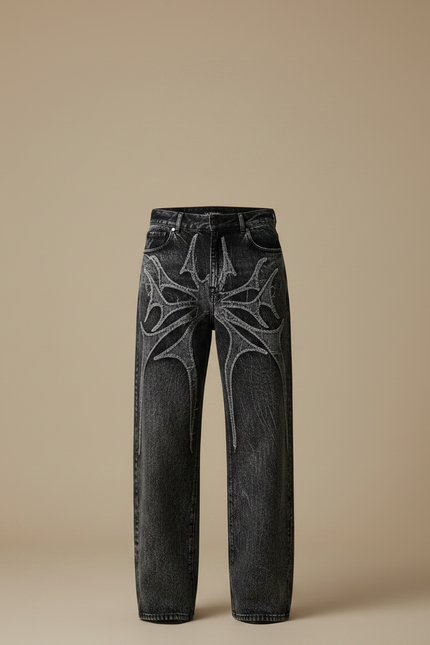 Pantalon Noir Ample Délavé Brodé Araignée Streetwear - Gris Jean - vue 3