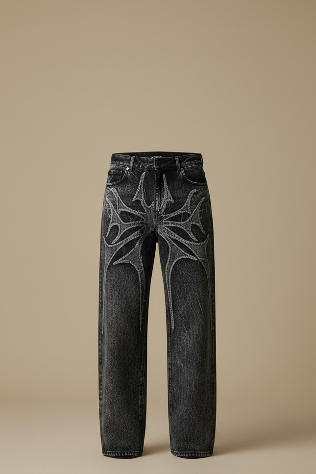 Pantalon Noir Ample Délavé Brodé Araignée Streetwear - Gris Jean - vue 3
