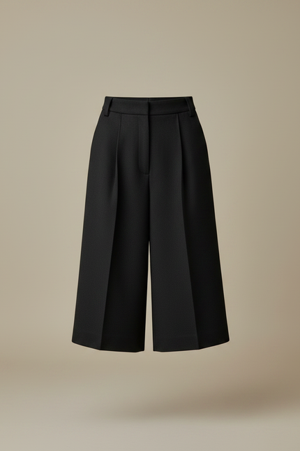 Pantalon Noir Laine Plissé Bermuda Élégant Femme - vue 3