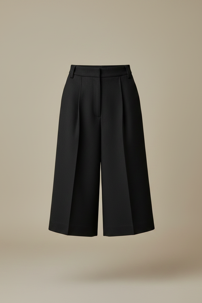 Pantalon Noir Laine Plissé Bermuda Élégant Femme - vue 3