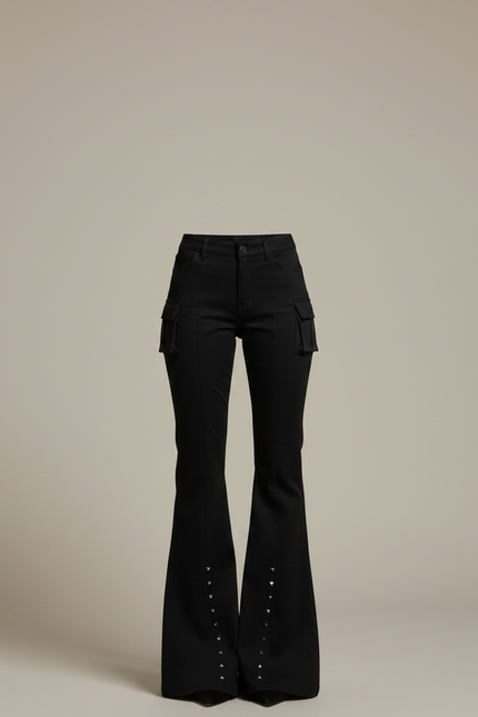 Pantalon Noir Évasé Clouté Cargo Taille Haute - Toile - vue 3
