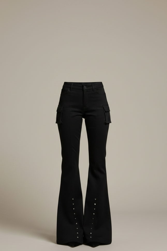 Pantalon Noir Évasé Clouté Cargo Taille Haute - Toile - vue 3