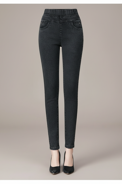 Pantalon Noir Jean Slim Femme Taille Haute Élastique - vue 3