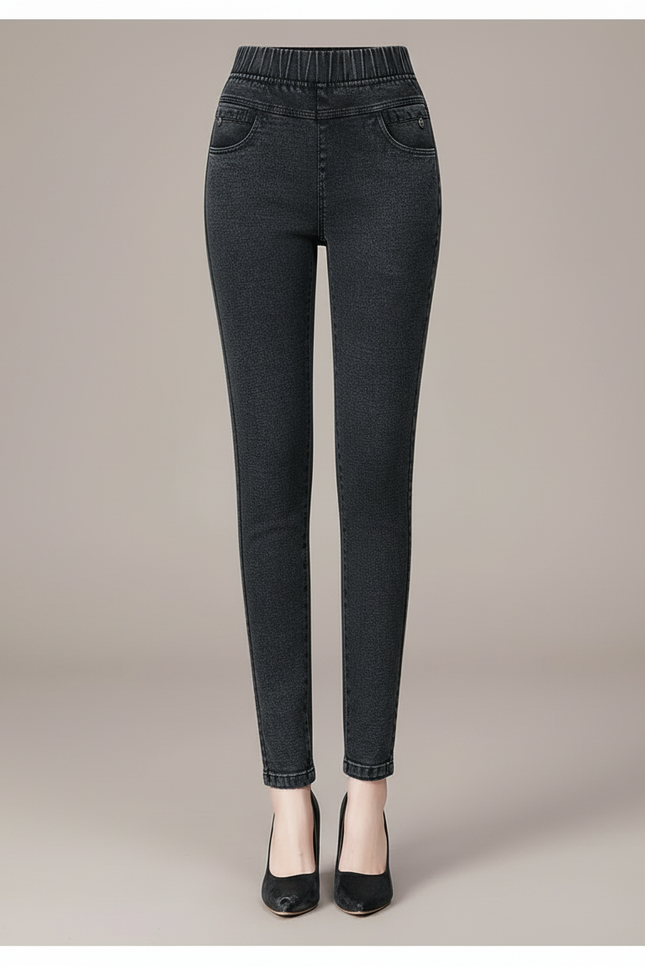 Pantalon Noir Jean Slim Femme Taille Haute Élastique - vue 3
