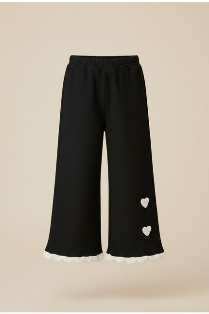 Pantalon Noir Fille Côtelé Ample Cœurs Dentelle - Maille - vue 3