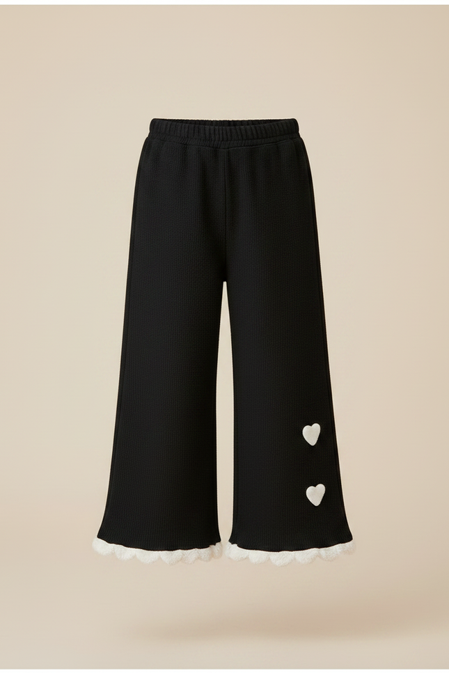 Pantalon Noir Fille Côtelé Ample Cœurs Dentelle - Maille - vue 3