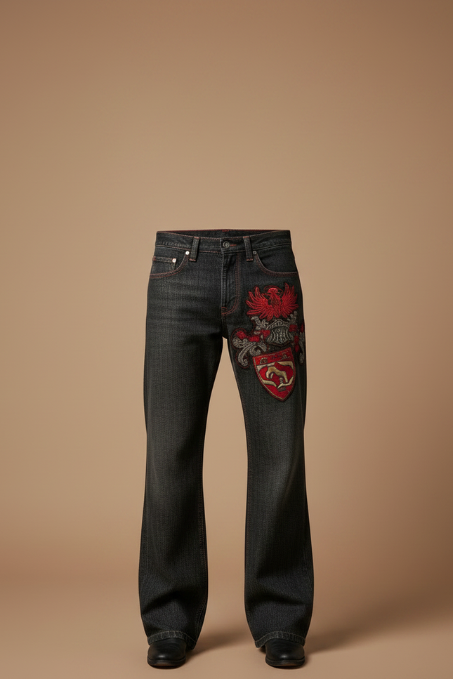 Pantalon Noir Large Brodé Homme Hip-hop Rétro - Jean - vue 3