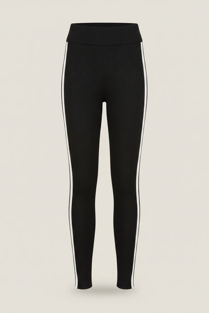 Pantalon Noir Côtelé Ajusté Rayures Blanches Femme - Maille - vue 3